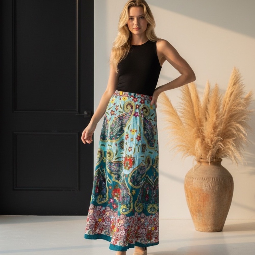 Hazel Paisley Sequin Cotton‎ Maxi Skirt Boho Floral A-Line Womens Medium